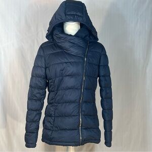 DKNY Puffer Premium Blend Down Jacket Navy Attached Hood Asymmetrical Zipper M